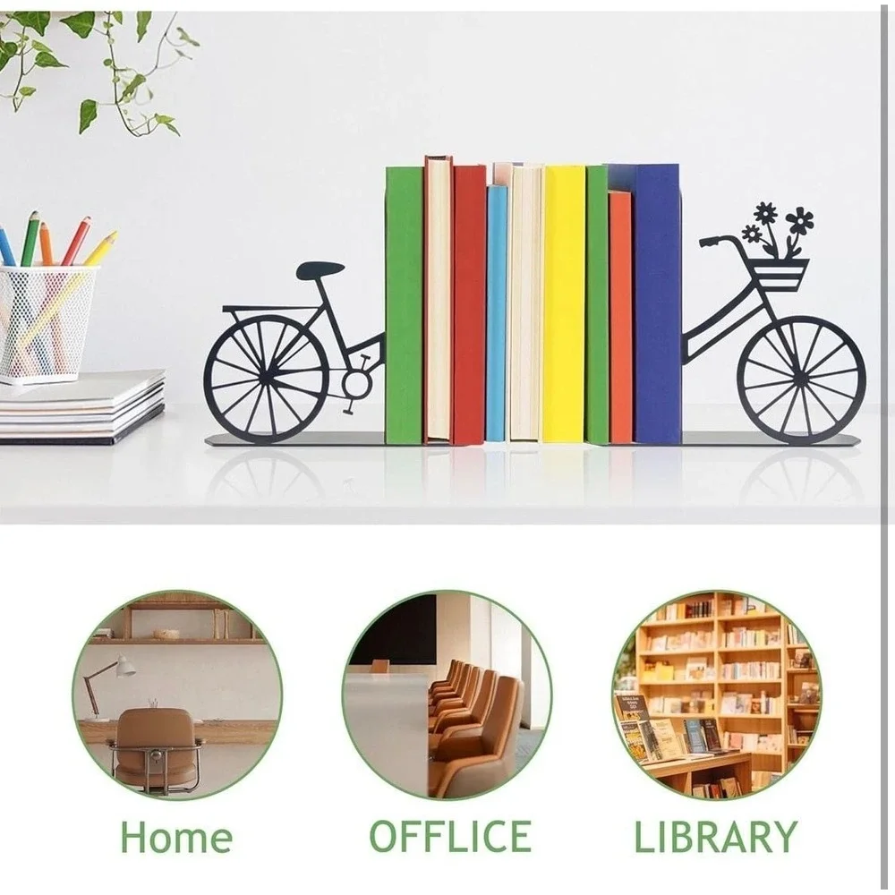 Bicycle Metal Bookends, Black Floral Bike Decorative Book Ends for Shelves